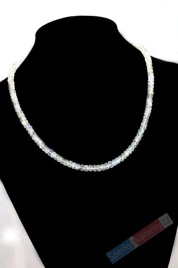 Náhrdelník z broušeného bílého měsíčního kamene QAA, čočky, 4 x 6 mm, Ag 925/1000 (ME1634B)