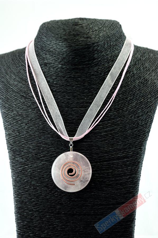 Přívěsek z růženínu, donut kulatý, prům. cca 30 mm, ocelová spirála (R90D)