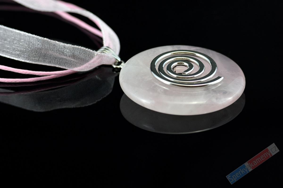 Přívěsek z růženínu, donut kulatý, prům. cca 30 mm, ocelová spirála (R90D)