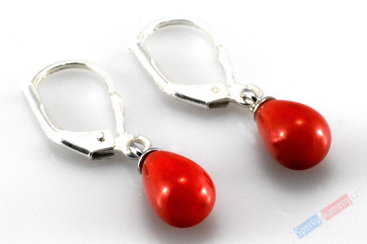 Stříbrné náušnice (Ag 925/1000) s červeným korálem, kapky cca 13 mm (K254U)
