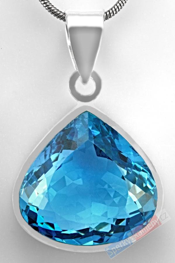 Větší stříbrný přívěsek (Ag 925/1000) s broušeným Swiss Blue topazem QAA, široká kapka cca 21 x 21 mm, "laguna Bora Bora" (TP6501P)