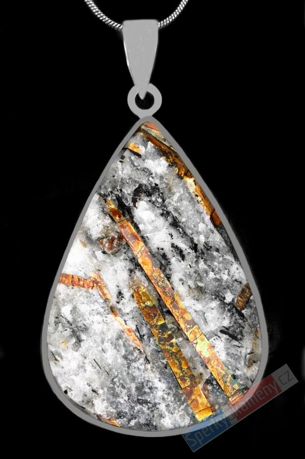 Stříbrný přívěsek (Ag 925/1000) s astrofylitem QA, větší kapka cca 46 x 33 mm, RARITA (ASF1512P)