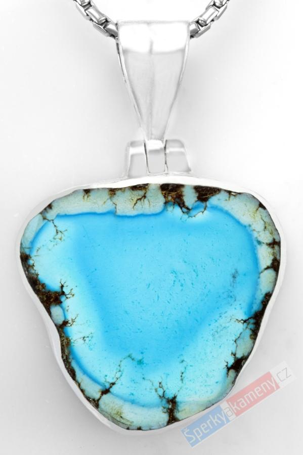 Stříbrný přívěsek (Ag 925/1000) s kazachstánským tyrkysem "baby blue" QAA, cca 25 x 26 mm, RARITA (TYS2426P)