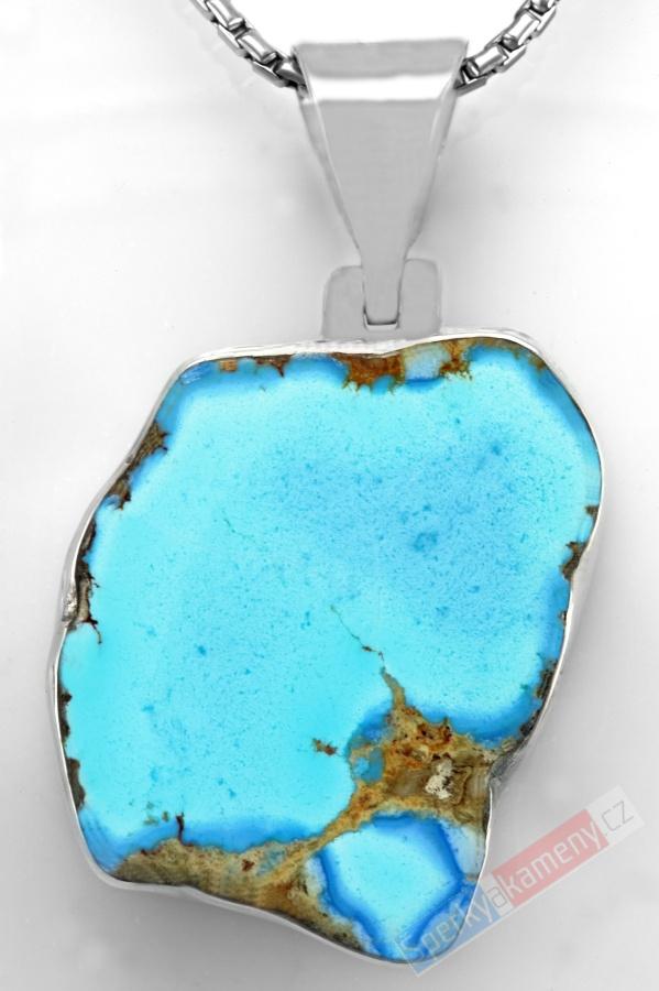 Stříbrný přívěsek (Ag 925/1000) s kazachstánským tyrkysem "baby blue" QAA, cca 33 x 25 mm, RARITA (TYS3026P)