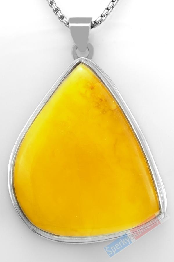 Větší stříbrný přívěsek (Ag 925/1000) s pravým žlutým jantarem QA, cca 48 x 42 mm, "letní slunce" (JA2423P)