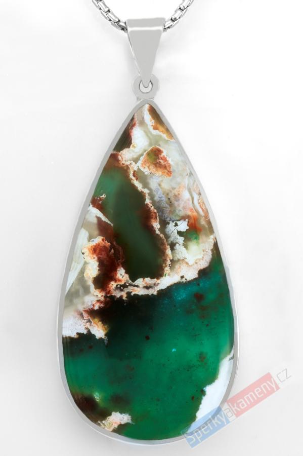 Velký stříbrný přívěsek (Ag 925/1000) s Gem Silica QA, kapka cca 56 x 30 mm, nádherná kresba, RARITA (GS2723P)