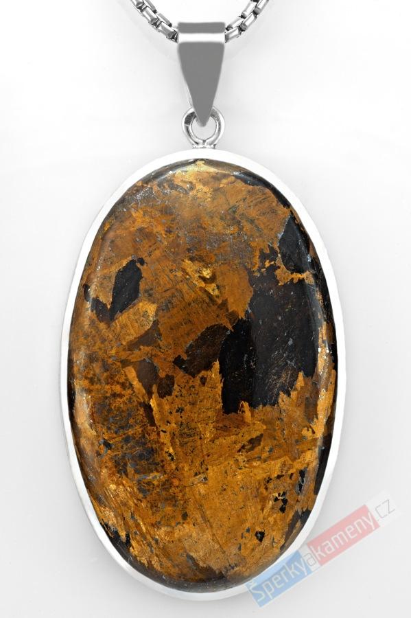 Velký stříbrný přívěsek (Ag 925/1000) s bronzitem QAA, ovál cca 50 x 32 mm, RARITA (BZ1819P)