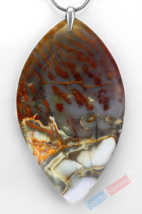 Velký přívěsek ze zkamenělého palmového dřeva QA, stříbro Ag 925/1000, cca 62 x 36 mm, krásná kresba (PD3884P)