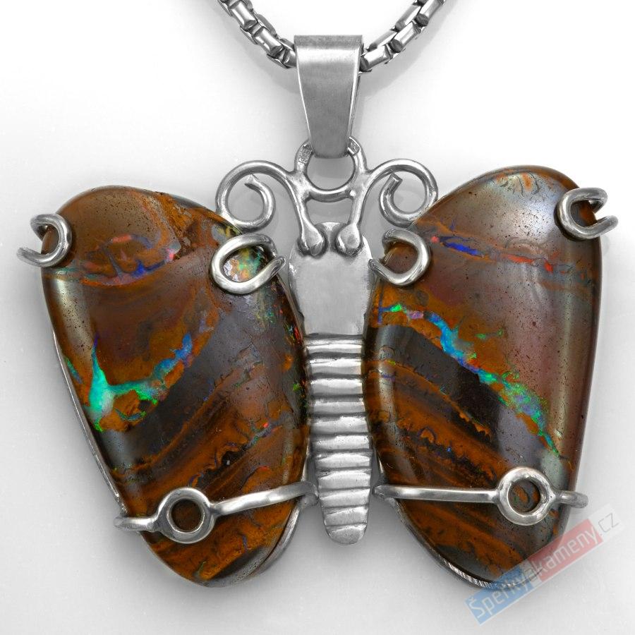 Originální stříbrný přívěsek (Ag 925/1000) ve tvaru motýla z boulder opálu QA, cca 28 x 39 mm, RARITA, "krása křídel motýlů" (OBO2904P)