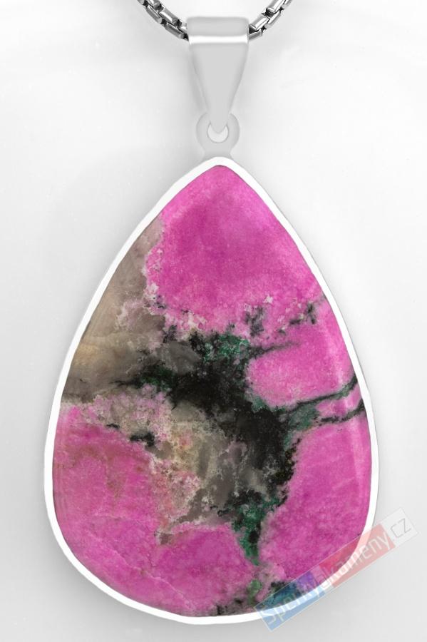 Větší stříbrný přívěsek (Ag 925/1000) s kobaltovým kalcitem QAA, kapka cca 45 x 33 mm, nádherná pink barva a krásná kresba, RARITA (KKC1525P)