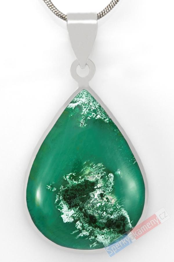 Stříbrný přívěsek (Ag 925/1000) s Gem Silica QA, kapka cca 32 x 24 mm, RARITA, "smaragdové vody Colorada" (GS1816P)