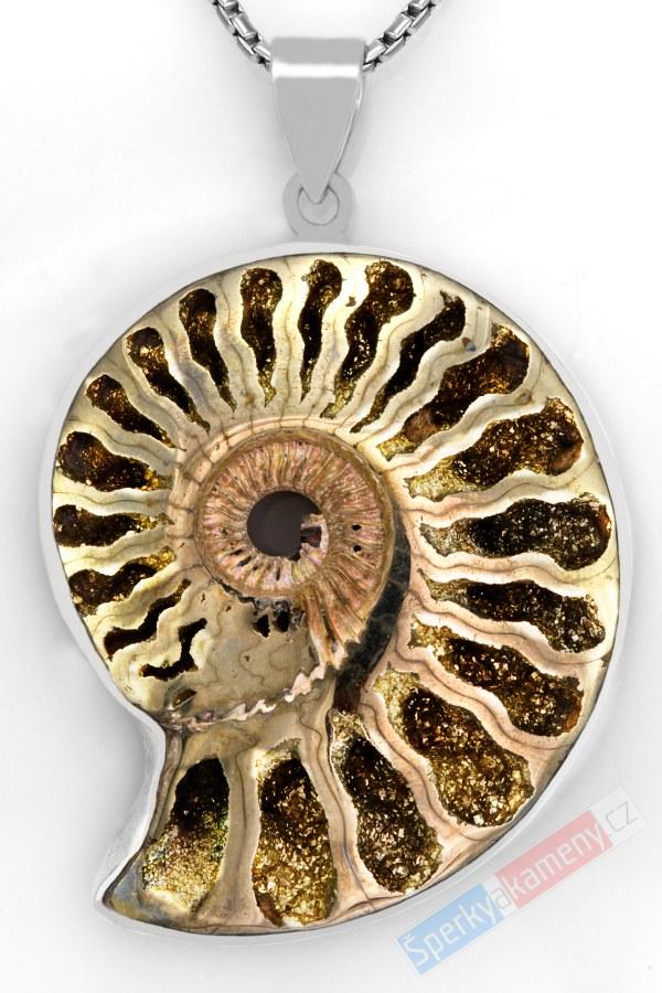 Stříbrný přívěsek (Ag 925/1000) s markazitem, pyritem, amonitem a amolitem QAA, cca 47 x 39 mm, RARITA (MZ5502P)