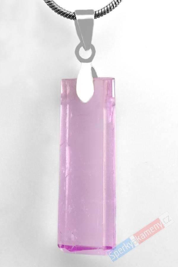 Přívěsek z kunzitu QAA, stříbro Ag 925/1000, krystal cca 26 x 9 mm, nádherná barva, RARITA (KT3631P)