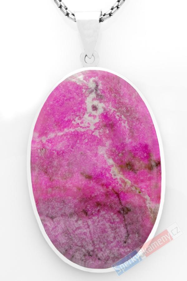 Větší stříbrný přívěsek (Ag 925/1000) s kobaltovým kalcitem QAA, větší ovál cca 45 x 30 mm, nádherná pink barva, RARITA (KKC2119P)