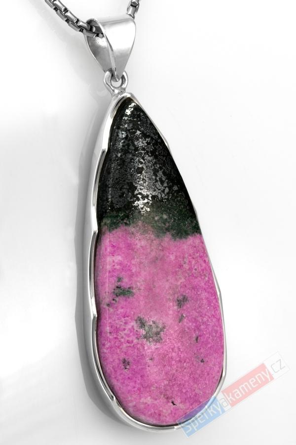 Velký stříbrný přívěsek (Ag 925/1000) s kobaltovým kalcitem QAA, kapka cca 53 x 24 mm, nádherná pink barva, RARITA (KKC1936P)