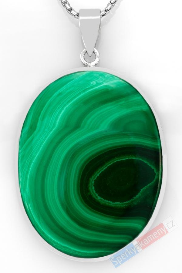 Větší stříbrný přívěsek (Ag 925/1000) s malachitem QAA, ovál cca 48 x 38 mm (MA1391P)