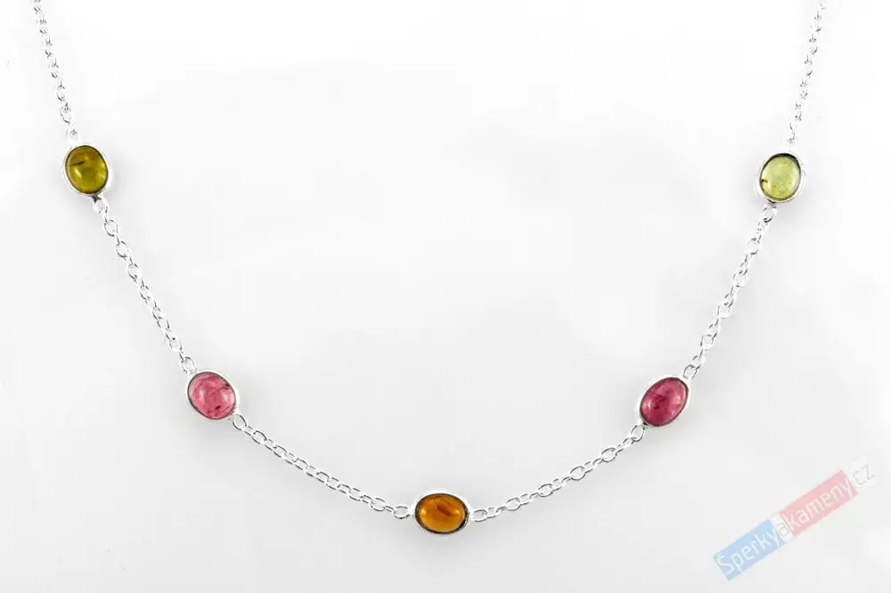 Originální minimalistický náhrdelník s turmalíny všech barev QA, 16 oválků cca 6 x 5 mm (TU7237S)