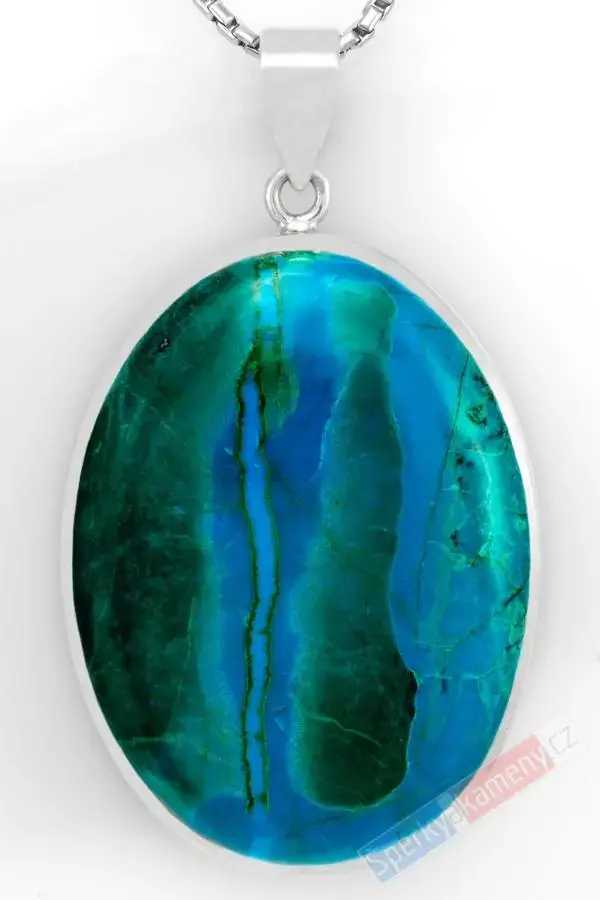 Větší stříbrný přívěsek (Ag 925/1000) s chryzokolem QAA, ovál cca 46 x 34 mm, "modrozelené hlubiny řeky Konga" (CHL1816P)