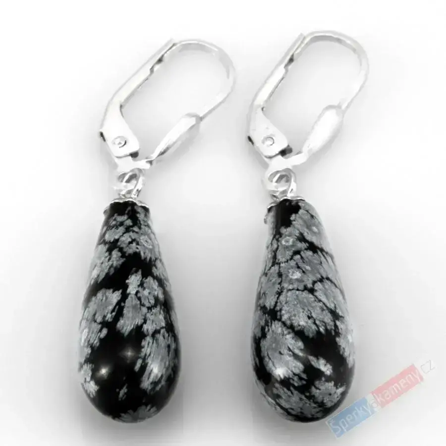 Náušnice ze sněžného obsidiánu QA, stříbro Ag 925/1000, oblé kapky cca 21 x 8 mm (OB4537U)