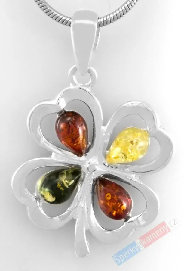 Originální stříbrný přívěsek (Ag 925/1000) s jantarem QA, čtyřlístek cca 22 x 18 mm, "čtyřlístek pro štěstí" (JA5810P)
