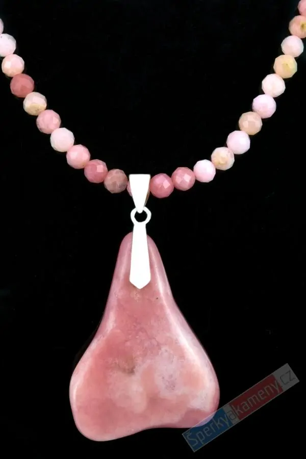 Originální náhrdelník v boho stylu z andského růžového opálu s přívěskem QA, stříbro Ag 925/1000, "květy jezera Titicaca", RARITA (OA8107S)