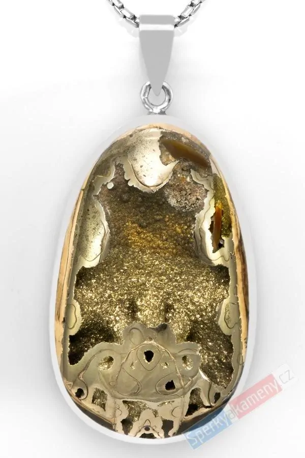 Větší stříbrný přívěsek (Ag 925/1000) s markazitem s pyritem QA, cca 46 x 29 mm, "zlatá maska boha Slunce" (MZ1514P)