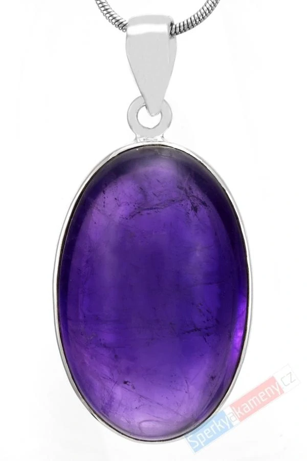 Stříbrný přívěsek (Ag 925/1000) s tmavě fialovým ametystem QA, ovál cca 33 x 22 mm, nádherná barva (AM1855P)