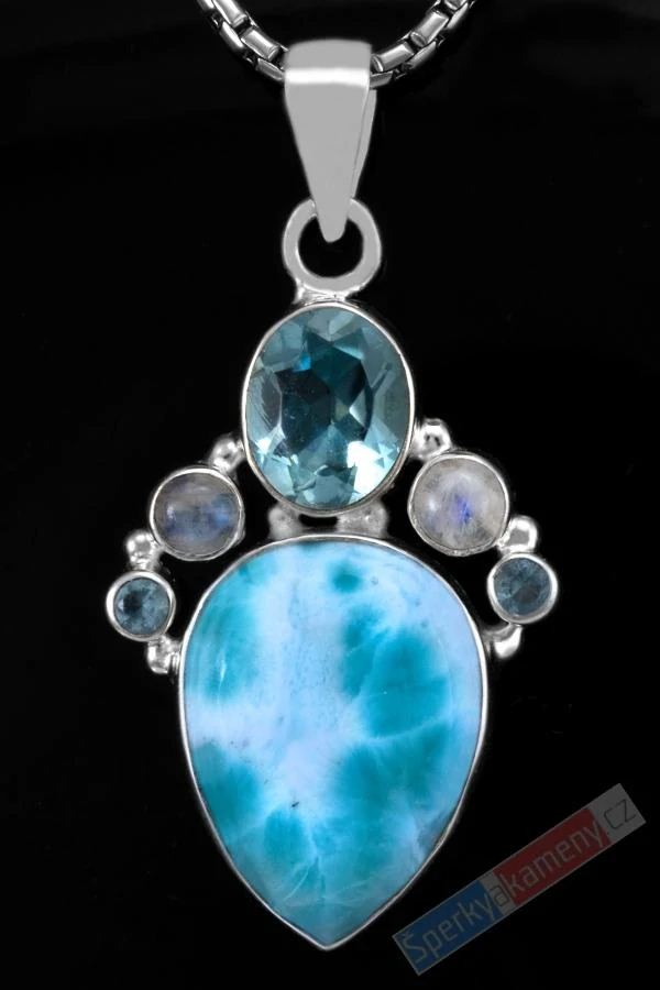 Originální stříbrný přívěsek (Ag 925/1000) v boho stylu s larimarem, Sky Blue topazem a měsíčním kamenem QA, RARITA, "šperk mořské princezny z Karibského moře" (LTM7744P)