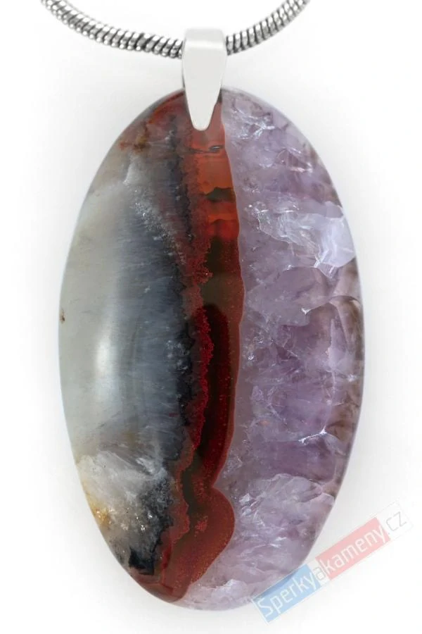 Unisex přívěsek z ametystu prorostlého jaspisem v křemeni QA, ovál cca 32 x 19 mm, rhodiované stříbro Ag 925/1000, "nádherné probarvení" (AMJ3051P)