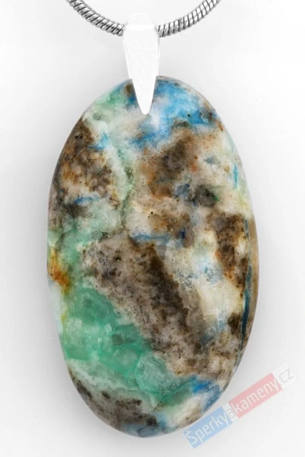 Přívěsek z Ajoite s příměsí papagoitu a šatukitu QA, ovál cca 32 x 18 mm, stříbro Ag 925/1000, "andělské vibrace", RARITA (AI2057P)