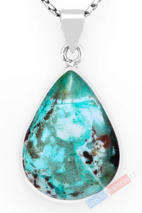 Unisex stříbrný přívěsek (Ag 925/1000) s tibetským tyrkysem QA, kapka cca 31 x 24 mm, krásná barva a kresba, RARITA (TYS9011P)