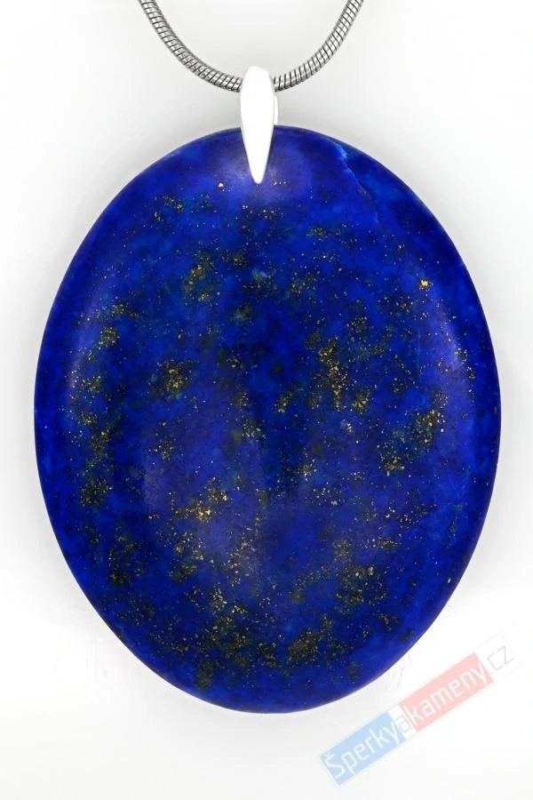 Větší unisex přívěsek z lapisu lazuli QAA, stříbro Ag 925/1000, ovál cca 46 x 36 mm, nádherná barva s prorosty pyritu, "hvězdná obloha" (LL1167P)