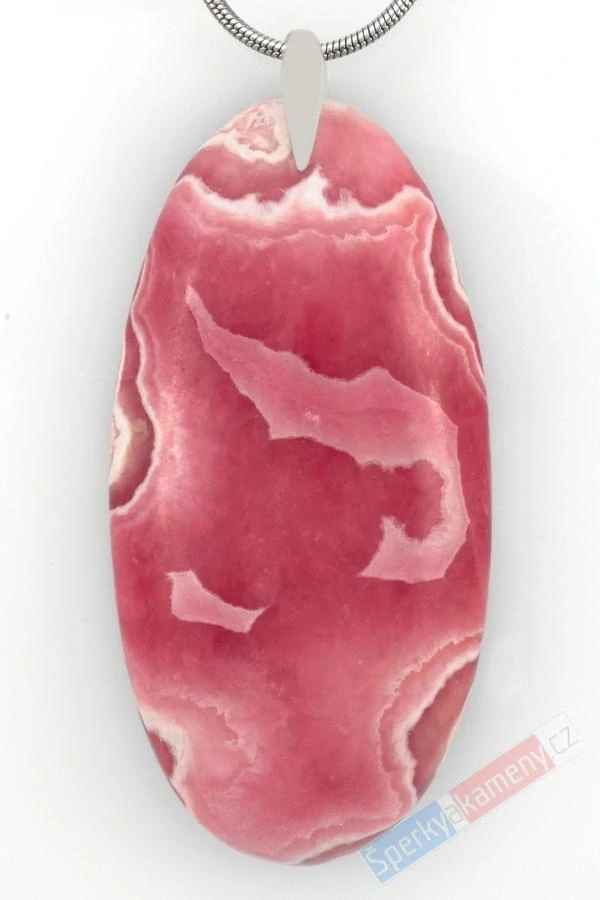 Velký přívěsek z rodochrozitu QAA, stříbro Ag 925/1000, ovál cca 51 x 25 mm, nádherná barva a kresba, "šperk pro princeznu z rodu Inků II" (RCH1243P)