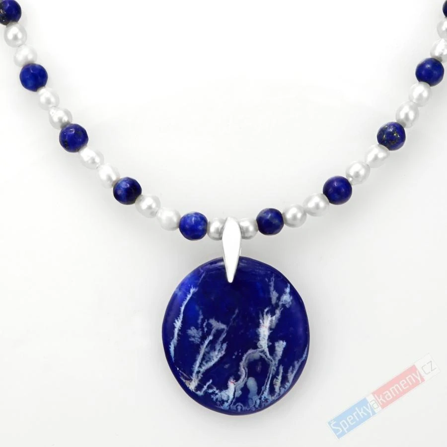 Náhrdelník v boho stylu z lapisu lazuli QA a sladkovodních perel s přívěskem z amerického Plume Agate s lapisem lazuli QAA, stříbro Ag 925/1000, "šperk štěstí pro princeznu z korálového moře" (LPA1439S)