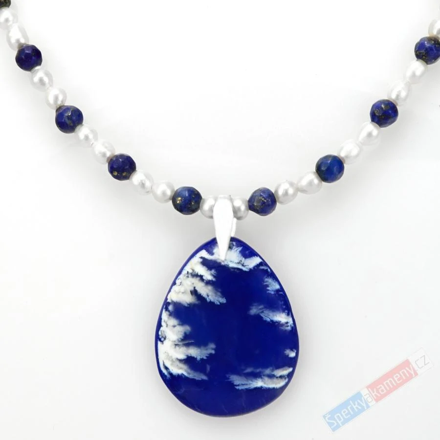 Náhrdelník v boho stylu z lapisu lazuli QA a sladkovodních perel s přívěskem z amerického Plume Agate s lapisem lazuli QAA, stříbro Ag 925/1000, "šperk štěstí pro princeznu z korálového moře" (LPA1438S)