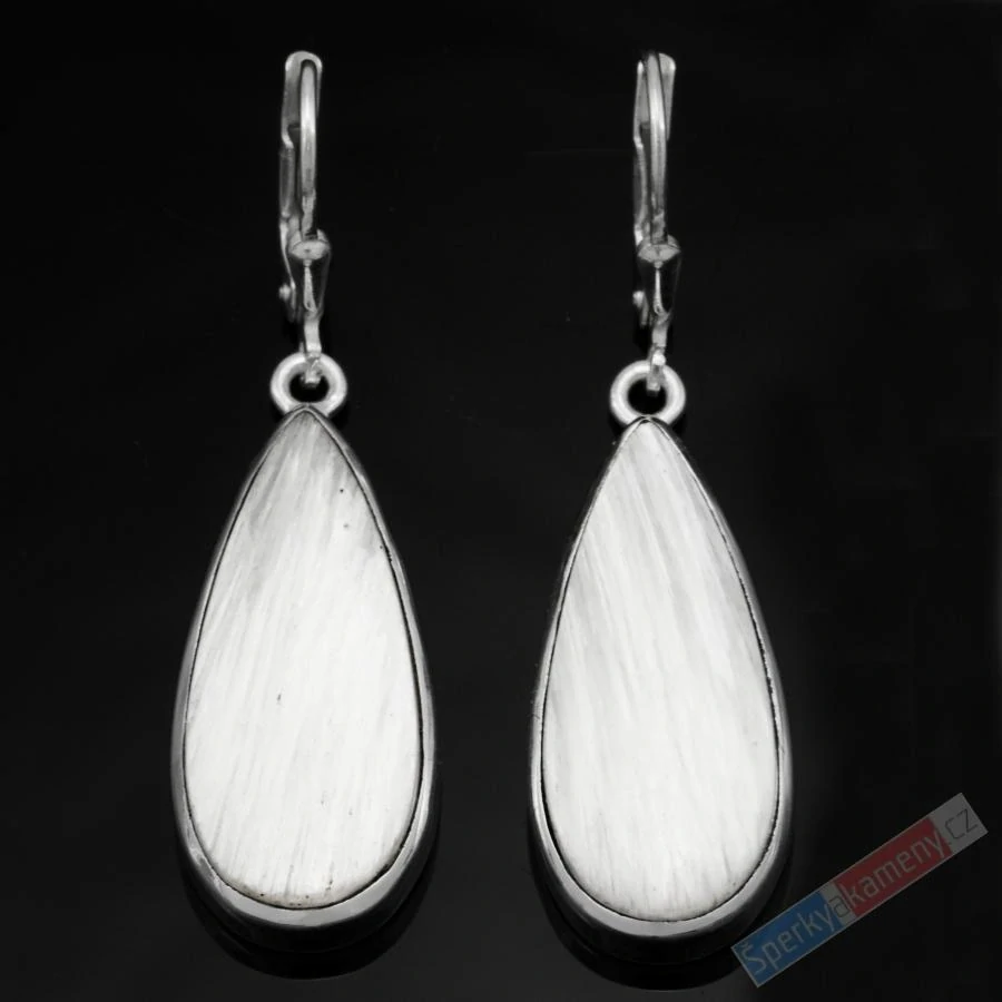 Stříbrné náušnice (Ag 925/1000) s bílým skolecitem QA, kapky cca 27 x 13 mm, "andělská křídla", RARITA (SC7266U)
