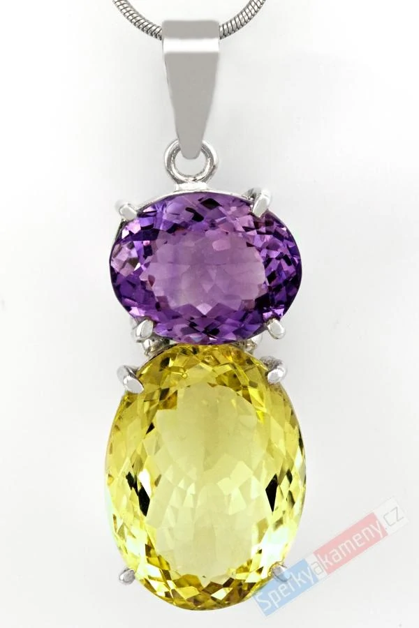 Větší stříbrný přívěsek (Ag 925/1000) v boho stylu s broušeným Lemon Quartz a ametystem QAA, kameny o celkové výšce cca 39 mm (ALK1816P)