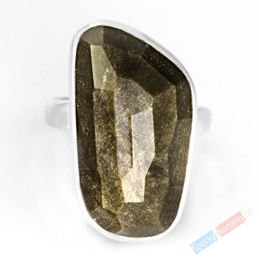 Velký stříbrný prsten (Ag 925/1000) s broušeným zlatistvým obsidiánem QAA, vel. kamene cca 26 x 15 mm, POUZE VELIKOST 55 (OB5142R)