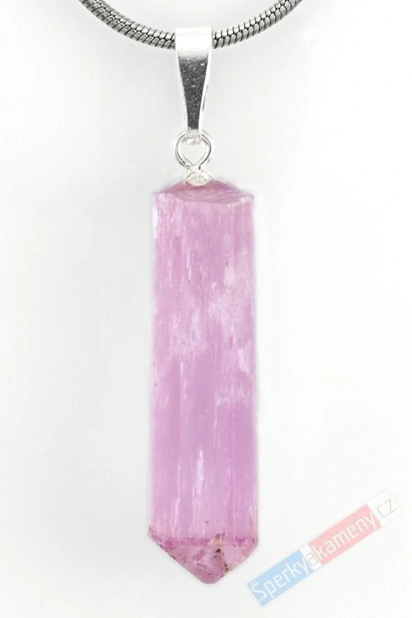 Přívěsek z kunzitu QAA, stříbro Ag 925/1000, krystal cca 28 x 8 mm, nádherná barva, RARITA (KT4537P)