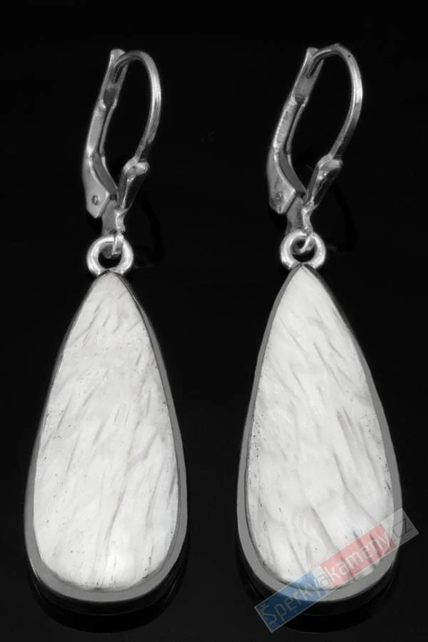 Stříbrné náušnice (Ag 925/1000) s bílým skolecitem QA, kapky cca 28 x 13 mm "andělská křídla", RARITA (SC7270U)