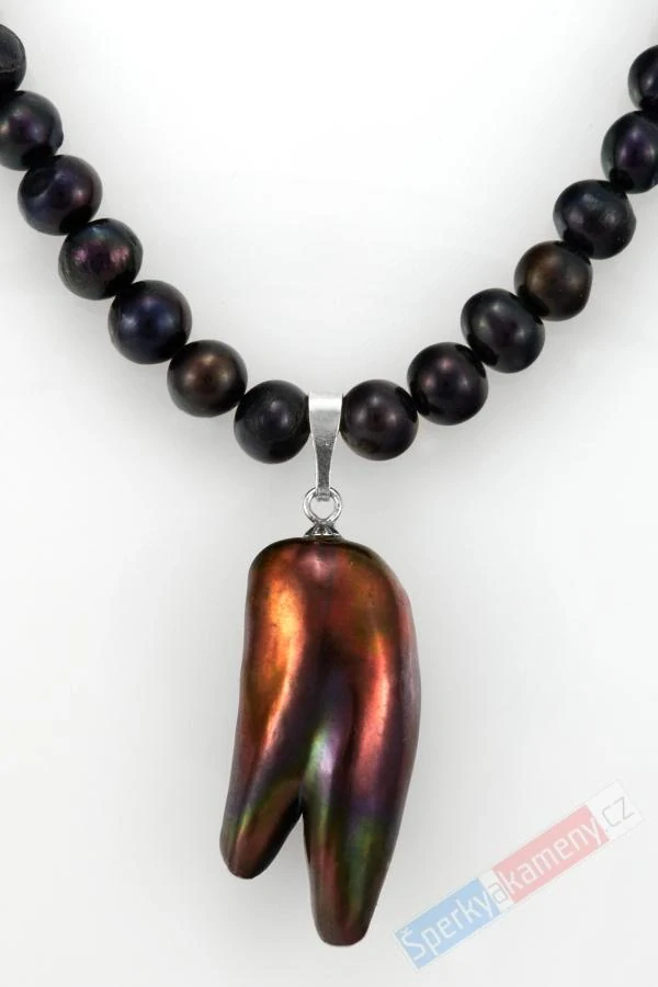 Originální unisex náhrdelník v boho stylu ze sladkovodních černých perel s přívěskem z Biwa perly multicolor QA, stříbro Ag 925/1000, "něžná krása IV" (PMC6655S)