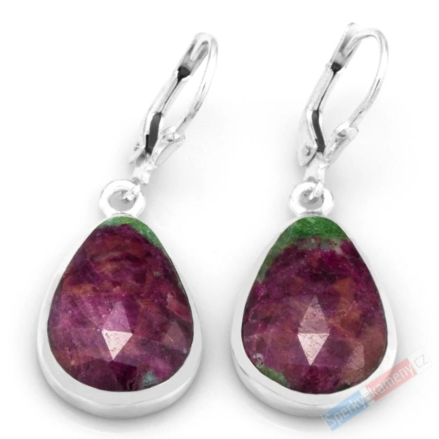 Stříbrné náušnice (Ag 925/1000) s rubínem v zoisitu QA, kapky cca 19 x 14 mm (RF1028U)