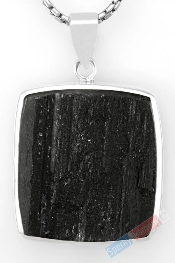 Unisex stříbrný přívěsek (Ag 925/1000) s turmalínem skorylem QA, přírodní krystal, cca 31 x 29 mm, "ochranný štít proti negativní energii" (TU1216P)