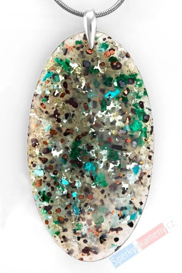 Velký přívěsek z mědi v chalcedonu QAA, stříbro Ag 925/1000, ovál cca 52 x 29 mm, "anděl harmonie VI", RARITA (CHMC1046P)
