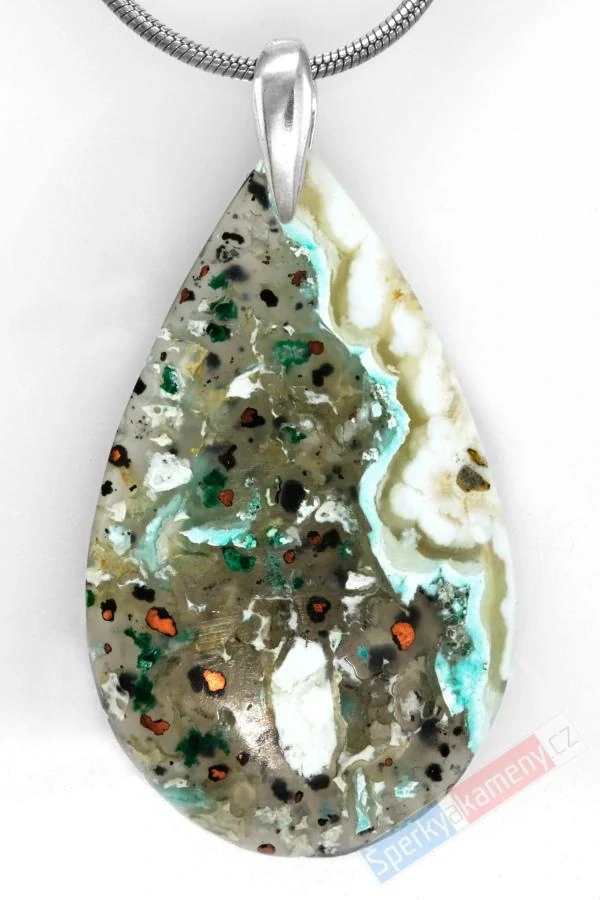 Unisex přívěsek z mědi v chalcedonu QAA, stříbro Ag 925/1000, kapka cca 36 x 22 mm, "anděl harmonie VIII", RARITA (CHMC5201P)