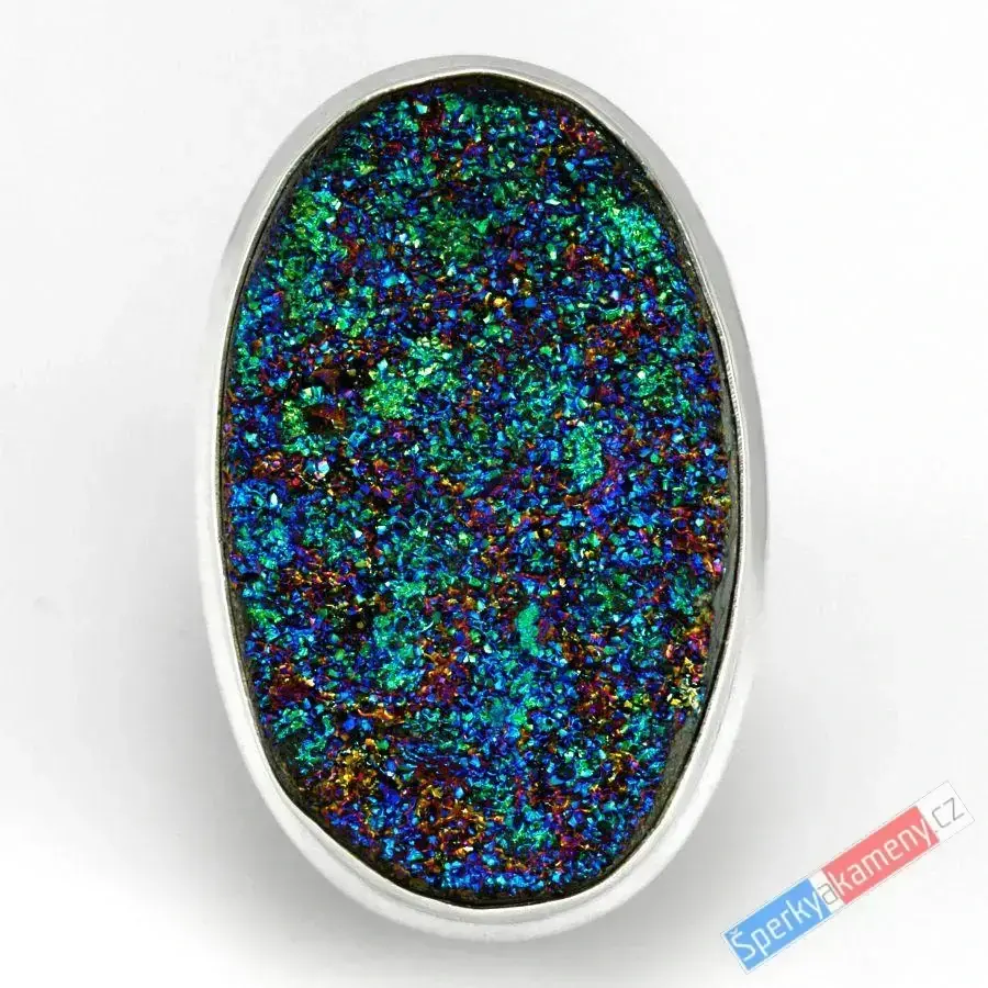 Velký stříbrný prsten (Ag 925/1000) s chalkopyritem QA, dubleta, vel. kamene cca 37 x 23 mm, STŘEDNÍ VELIKOST 56/57 (TA1169R)