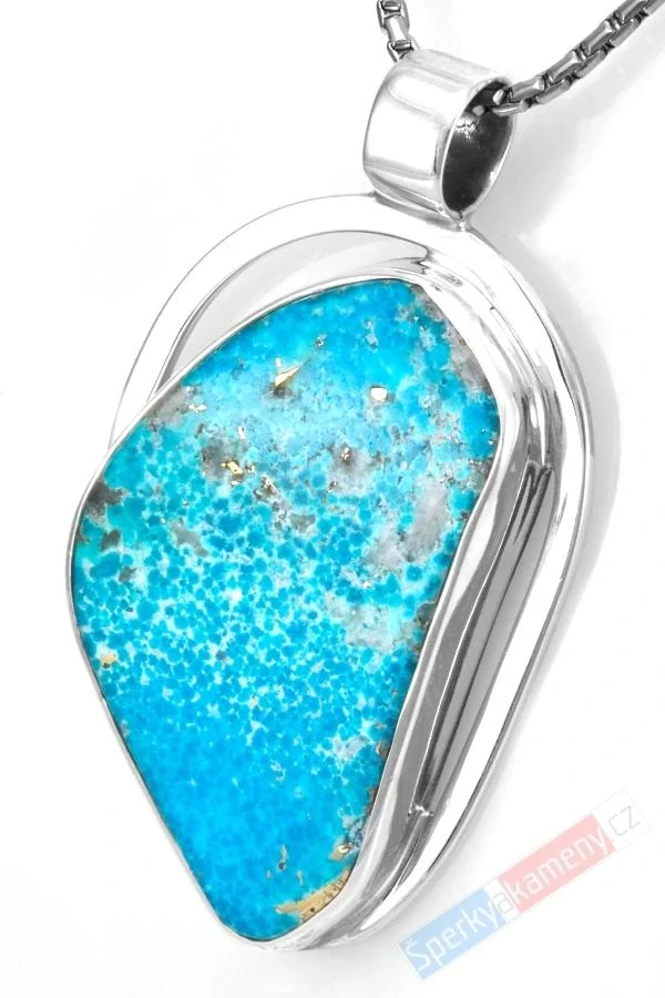 Větší unisex stříbrný přívěsek (Ag 925/1000) s íránským tyrkysem prorostlým chalkopyritem QA, cca 42 x 29 mm, krásná barva, RARITA (TYS1369P) SLEVA 25%