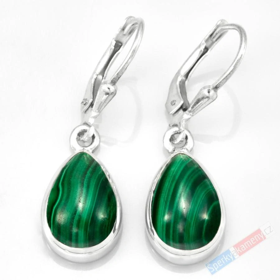 Stříbrné náušnice (Ag 925/1000) s malachitem, kapky cca 13 x 10 mm (MA4243U)