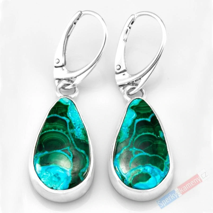 Stříbrné náušnice (Ag 925/1000) s chryzokolem v malachitu QAA, kapky cca 23 x 13 mm (CHLM1042U)