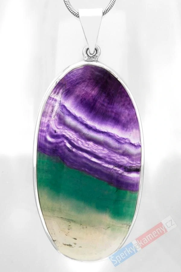 Velký stříbrný přívěsek (Ag 925/1000) s fluoritem QAA, ovál cca 50 x 27 mm, "duha z ráje" (FL2117P)